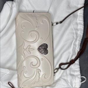 Brighton Cream Embossed Heart-Accent Crossbody Wallet with Brown Strap